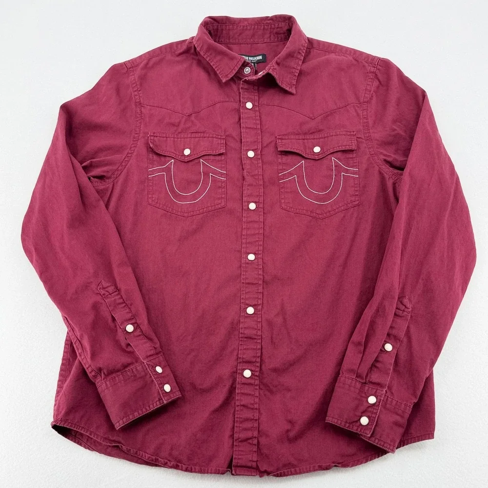 True Religion Western Shirt Mens Small Burgundy Pearl Snap Excellent